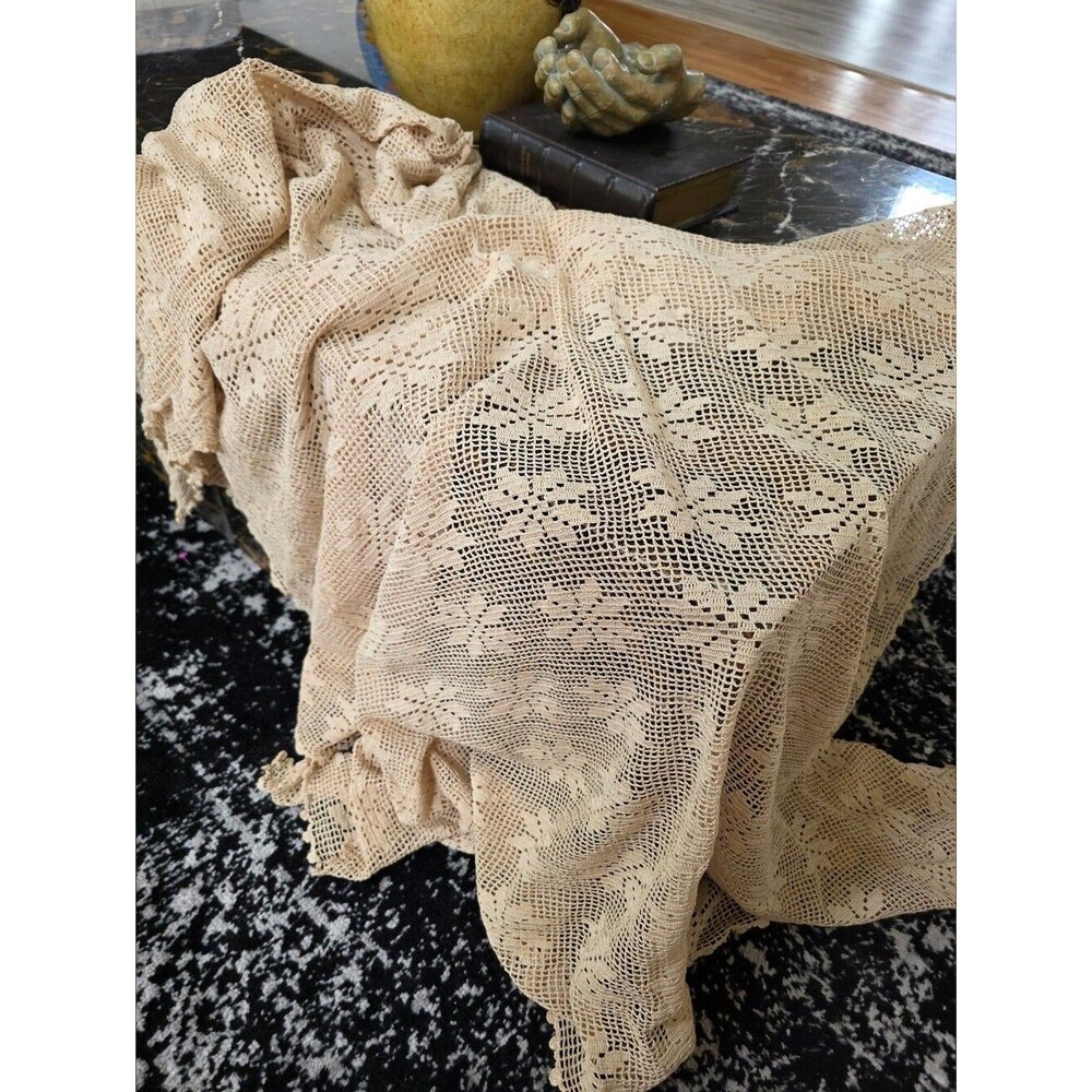 Vtg Ecru Crochet Tablecloth 51x78